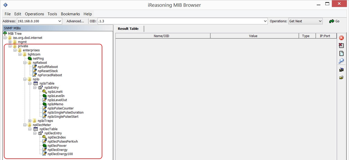 Просмотр OID для устройства NetPing в iReasoning MIB browser